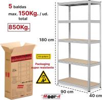 2 Estanterías Pared metálica galvanizada 180x90x40cm, librería para almacenaje. Modular 5 estantes.Mesa de Trabajo. Armario para ordenar Taller mecánico, Garaje, Cocina, despensa, baño - details 1
