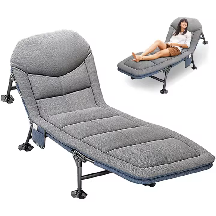 Cama de Camping Plegable con Colchón 190x65x30cm, Cama de Camp Portatil con Bolsillo Lateral, Tumbona Jardin Exterior con 5 Respaldo Regulable, Hamacas para Camping Jardín Exterior Interior, Gris - 1