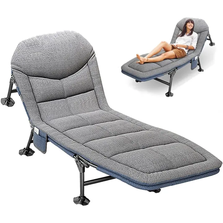 Cama de Camping Plegable con Colchón 190x65x30cm, Cama de Camp Portatil con Bolsillo Lateral, Tumbona Jardin Exterior con 5 Respaldo Regulable, Hamacas para Camping Jardín Exterior Interior, Gris - 1