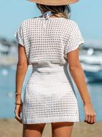 Vestido corto playero de ganchillo para mujer, traje de baño de manga corta con cuello en V, 2024 - details 3