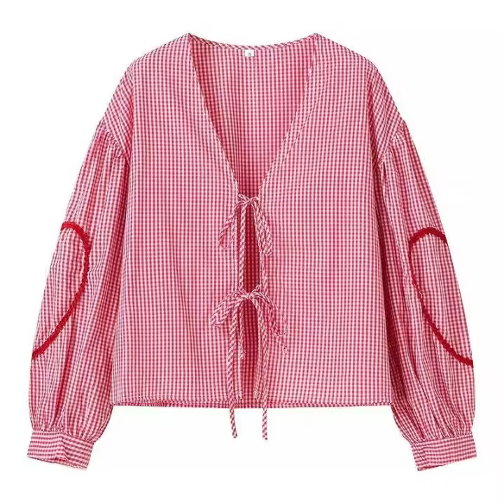 BUNO-Tops a cuadros para mujer, ropa y2k con cuello en V y corazón, blusa holgada de manga larga con lazo frontal abierto, ropa de calle de los años 2025 - 1