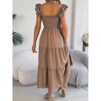 Elegante vestido largo de verano para mujer en color liso con escote cuadrado y aros decorativos, sin mangas, corte ajustado. - details 27