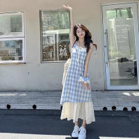 Vestido largo holgado Retro de verano para mujer, vestido con tirantes de dos piezas falso a cuadros para mujer - details 11