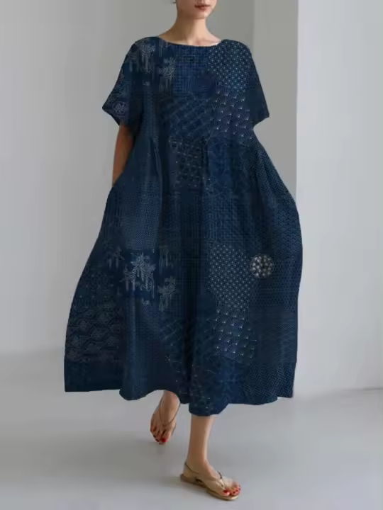 Vestido de mujer de manga corta holgado de talla grande con flor de ciruelo de estilo chino - 1