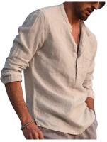 Camisa informal de lino para hombre, camisa de manga larga con cuello en V, ropa de playa, 2024 - details 15