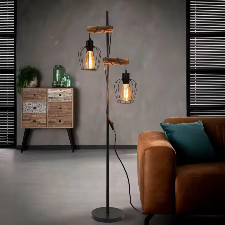 Lámpara de pie vintage de madera con 2 focos, diseño industrial, de metal y madera, incluye interruptor, color negro, casquillo E27, altura: 151 cm, sin bombilla - 1