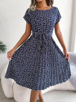 Spring Summer Women Short Sleeve Pleated Long Dress Elegant High Waist Floral Fashion A-line Dress - details 14