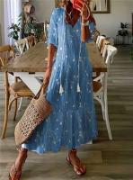 Vestido largo bohemio de verano para mujer, vestidos Vintage con estampado ral y manga con cuello en V, vestido de playa holgado informal con cordón para mujer - details 11