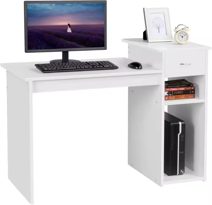 Escritorio de ordenador con cajón 112x70x50cm, escritorio para PC con estantería, mesa de oficina moderna para estudio, negro brillante. - 1