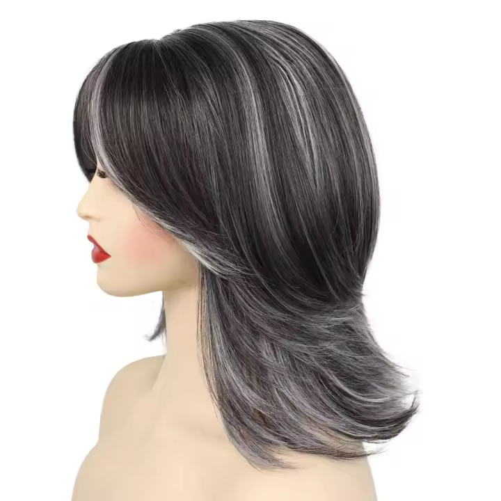 Pelucas en capas ombré gris oscuro con flequillo, extensión de cabello, peluca Bob en capas recta falsa, cabello sintético corto transpirable destacado - 1