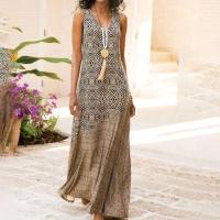 Vestido femenino informal de playa holgado con dobladillo ancho y cuello en V sin mangas estilo bohemio Vintage con estampado geométrico para mujer - details 4