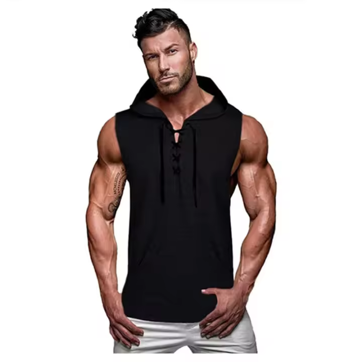 Nueva Camiseta Sin Mangas para Hombre 2025 Chaleco Informal de Encaje Liso con Capucha - 1