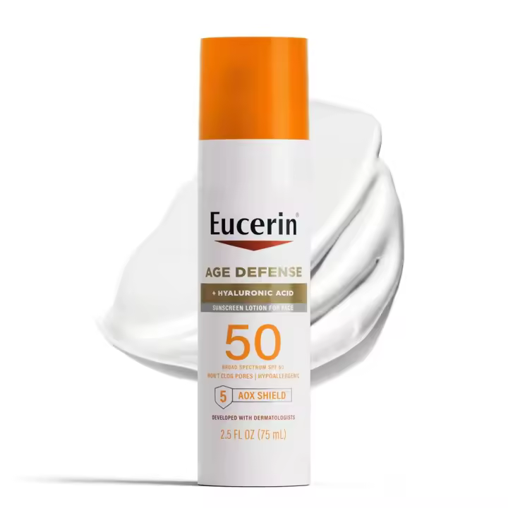 Eucerin Sun Age Defense Loción facial con ácido hialurónico, protector solar hipoalergénico y no comedogénico SPF 50 sin fragancia, - 1