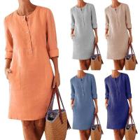 Primavera nuevo vestido de manga larga con cuello redondo de algodón y lino de talla grande para mujer - details 1
