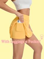 Falda de Yoga y Tenis de Cintura Alta para Mujer con Pantalones Cortos Incorporados, Dobladillo con Volantes y Bolsillos Laterales - Ropa Deportiva Elástica para Gimnasio, Entrenamiento y Uso Diario - Amarilla - details 2