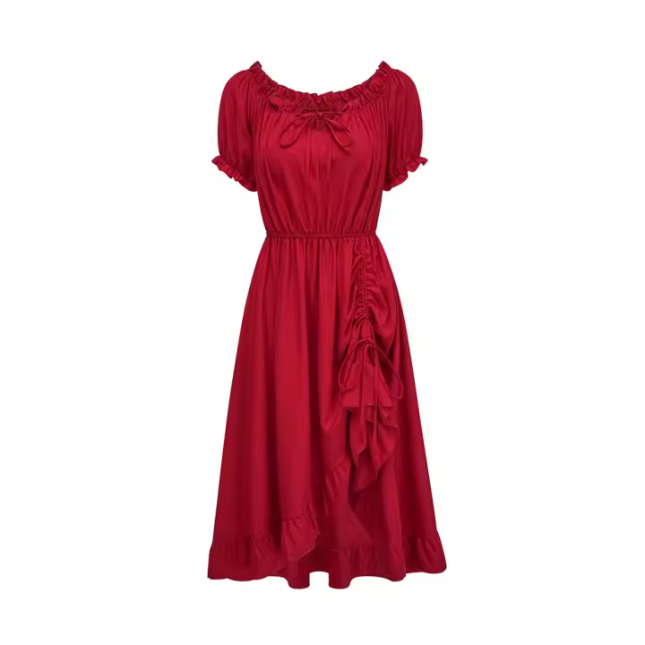 Nuevo vestido irregular retro europeo y americano, vestido con cordón medieval victoriano de manga corta con cuello de una palabra - 1