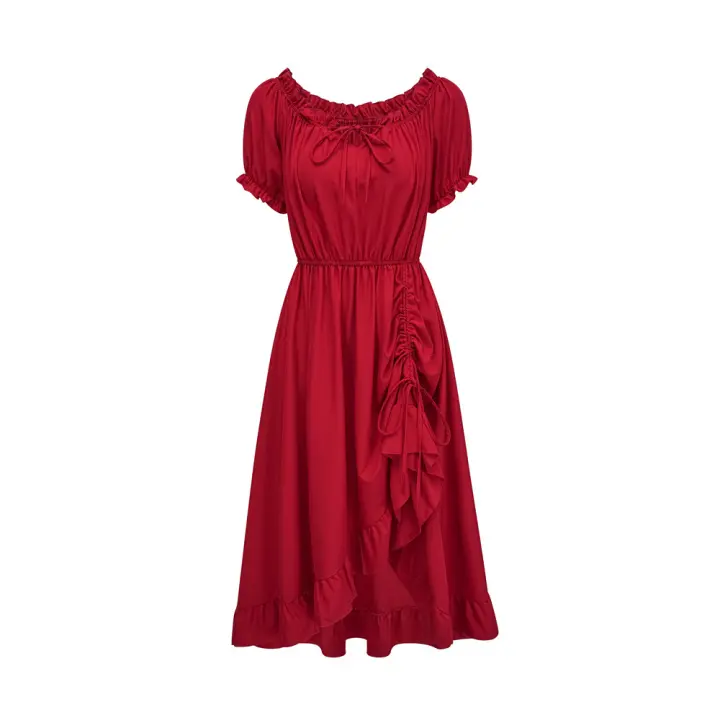 Nuevo vestido irregular retro europeo y americano, vestido con cordón medieval victoriano de manga corta con cuello de una palabra - 1