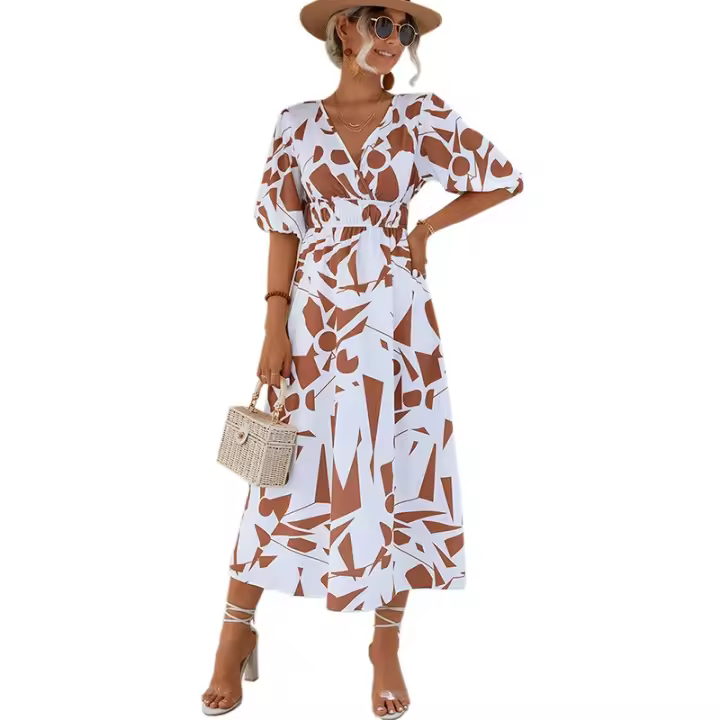 Elegante Vestido de Verano vintage Estilo casual con manga corta Burbuja impresada, 2025 - 1