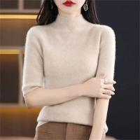 Suéter de mujer, jerséis de punto para primavera y verano, camisas ajustadas con cuello alto, jerséis de punto suaves de manga corta - details 14