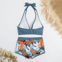 Bikini abierto con estampado de hojas retro en talla grande, conjunto de traje de baño de dos piezas con correas estables para mujer - details 26