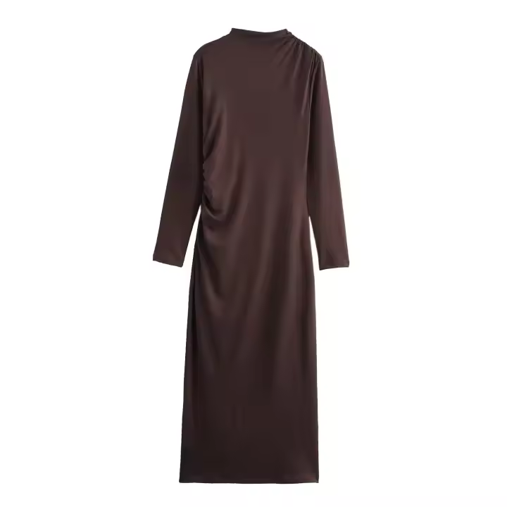Vestido de cuello redondo para mujer, minivestido plisado de manga larga con espalda, color sólido, nable, para otoño - 1