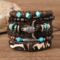 Conjunto de 6 pulseras boho madera cuentas vintage cabeza de toro ojos plumas multicapa artesanales regalos para hombre - details 12