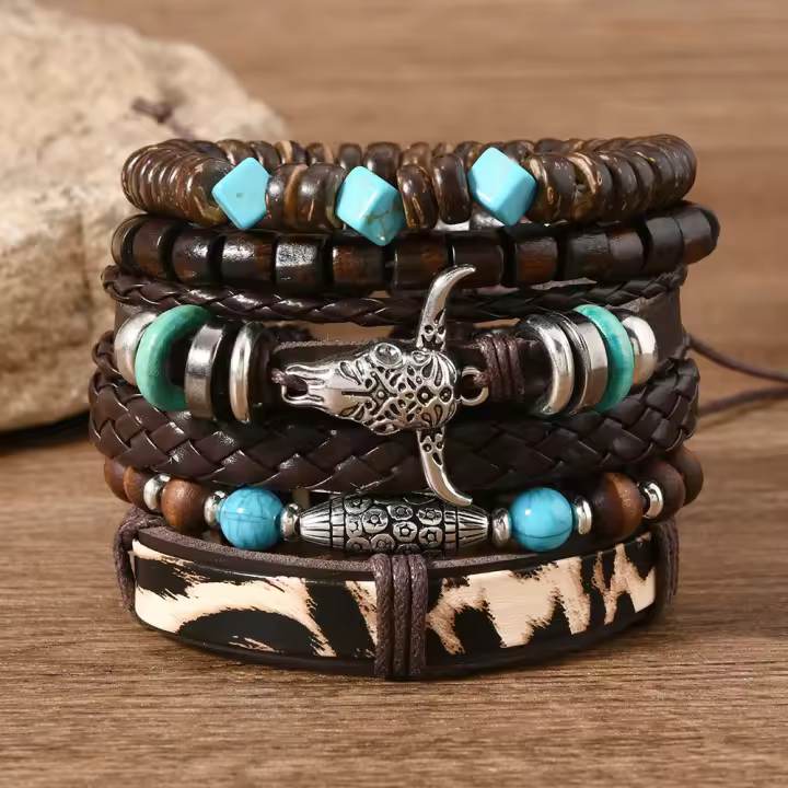 Conjunto de 6 pulseras boho madera cuentas vintage cabeza de toro ojos plumas multicapa artesanales regalos para hombre - 1