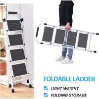 Escalera Plegable 4 Peldaños, Escalera de Tijera con Pedales Antideslizantes Anchos, Barandilla, Escalón Taburete de Acero Portátil Uso Hogar Cocina Oficina, Carga hasta 150 kg, Blanco - details 4