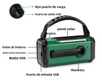 Radio de emergencia NOAA portátil Manivela de mano, batería de carga solar, linterna incorporada, luz de lectura y alarma SOS Compacta y para acampar y emergencias - details 3