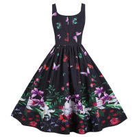 Women vintage spaghetti strap floral print high waist elegant sleeveless a-line party midi dress - details 3