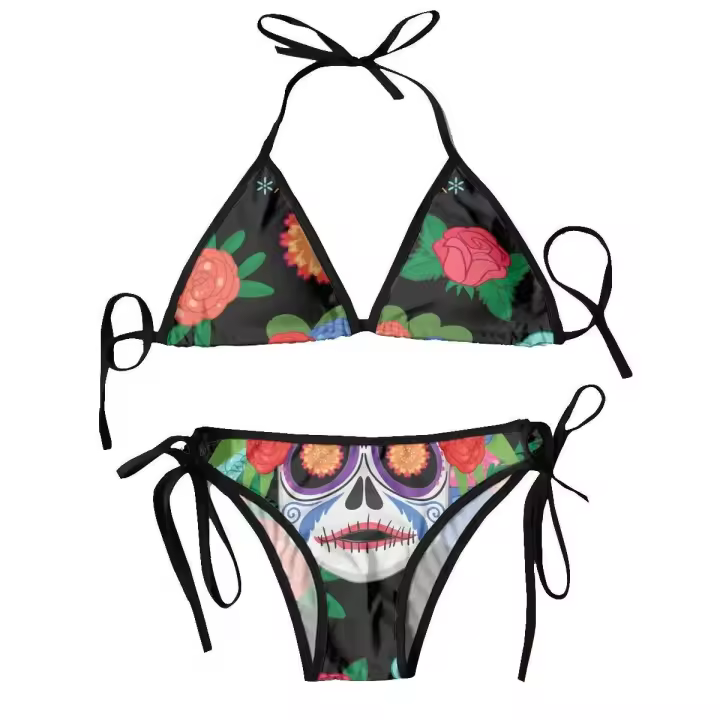 Traje de baño para mujer Trajes de vacaciones de dos piezas 2024 Conjuntos de bikinis Calaveras con cintas wers - 1
