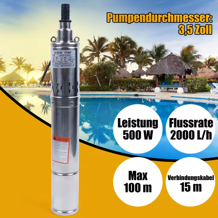 Bomba de Pozo Profundo de Acero Inoxidable de 500W Bomba de Agua Potente para Jardín con Cable de Conexión de 15m - 1