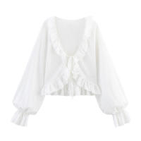 OUWU- 2025, Novedad De Verano, Producto, Ropa De Mujer, Moda Francesa, Decoración Apilada, Cuello En V, Manga Trompeta, Camisa, Top - details 2