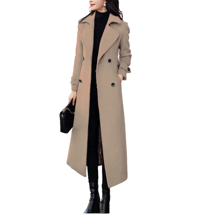 Gabardina de lana de Cachemira para mujer, Chaqueta larga cálida y gruesa de doble botonadura, abrigo de lana largo y grueso para invierno - 1