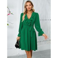 Vestido elegante y bonito con cuello en V para mujer, vestidos informales de manga larga de Color sólido, liquidación - details 2
