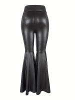 Melena de melocotón pu cuero cintura alta pantalones de cuero mujer pantalones de flare pantalones largos pantalones de mujer - details 4