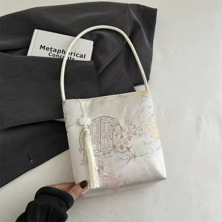 Bolso de hombro con bordado estampado creativo, bolso de mano Floral Hanfu, bolso de mano de gran capacidad con flores para las axilas para niñas - 1