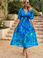 Vestido de verano de estilo callejero para mujer, traje elegante y Sexy con cuello en V, estampado de flores, mangas farol, largo, 2024 - details 9