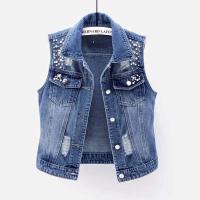 Chaleco Denim Vintage Chaleco Casual de Una Sola Pared para Mujeres Decoración de Cuentas Sueltas - details 0