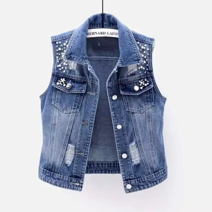 Chaleco Denim Vintage Chaleco Casual de Una Sola Pared para Mujeres Decoración de Cuentas Sueltas - 1
