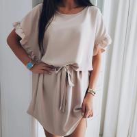Vestido de poliéster de manga corta para mujer, jersey de cuello redondo, suelto, fajas, sólido, moda de oficina, Verano - details 9