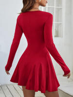 Vestido rojo simple de mujer cintura alta vestido mediano y largo - details 2