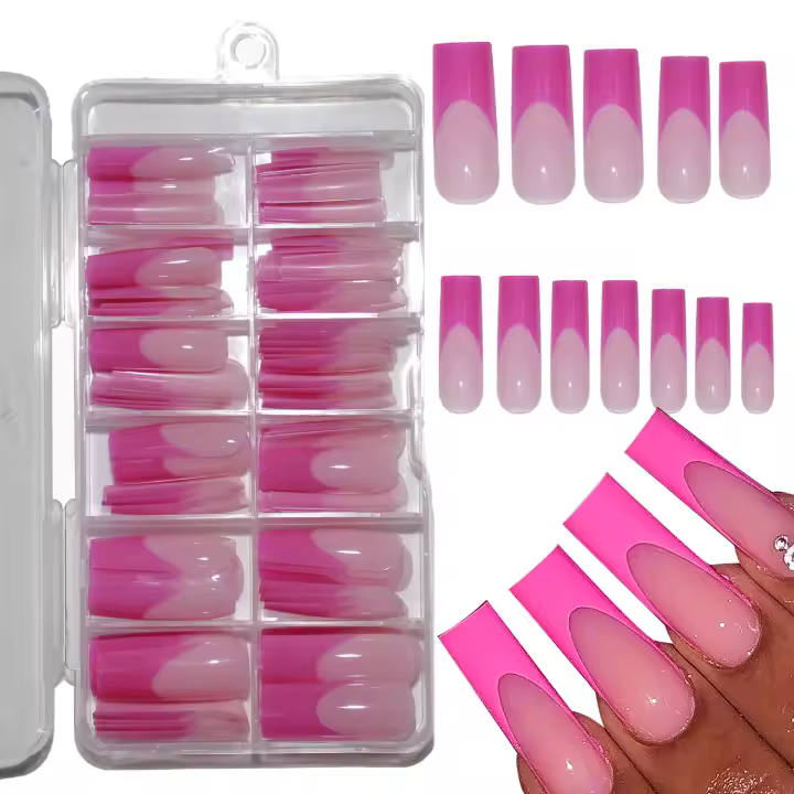Uñas postizas de seda largas cuadradas rojas y nude con punta francesa brillante reutilizables estilo ballet y flores 120 piezas - 1