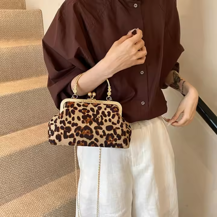 Monedero pequeño para mujer, bolso de noche formal, bolso de mano de leopardo, bolsos de mano con estampado animal, bolsos cruzados marrón oscuro - 1