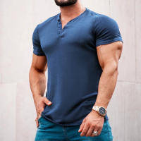Camiseta de manga corta Henley para hombre, ropa informal de algodón, color blanco, azul vaquero, M-6XL, paquete de 2 - details 3