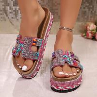 2025 nuevo arrastre de una palabra europeo y americano nueva moda zapatillas de plataforma de cuerda de cáñamo con diamantes de imitación zapatillas de corcho de playa sandalias casuales de mujer - details 17