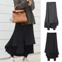Falda de pantalones de cintura alta, cintura elástica, mallas gruesas, falda larga falsa de dos piezas con forro polar para mujer - details 1