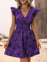 Vestido corto con estampado Floral para mujer, minivestido informal con manga con volantes, color morado - details 4