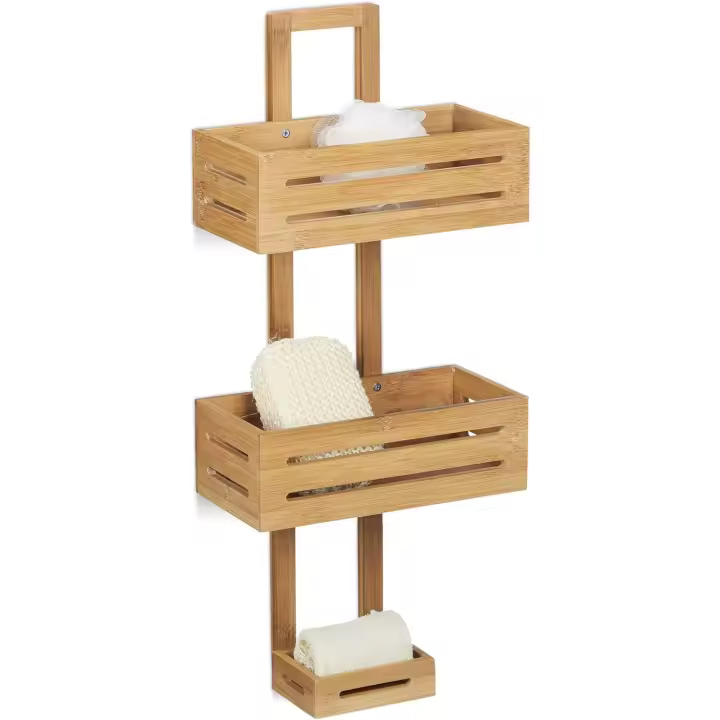 Relaxdays Estante de Ducha Inoxidable con 3 Niveles, Bambú, Beige, 65 x 28 x 15,5 cm - 1