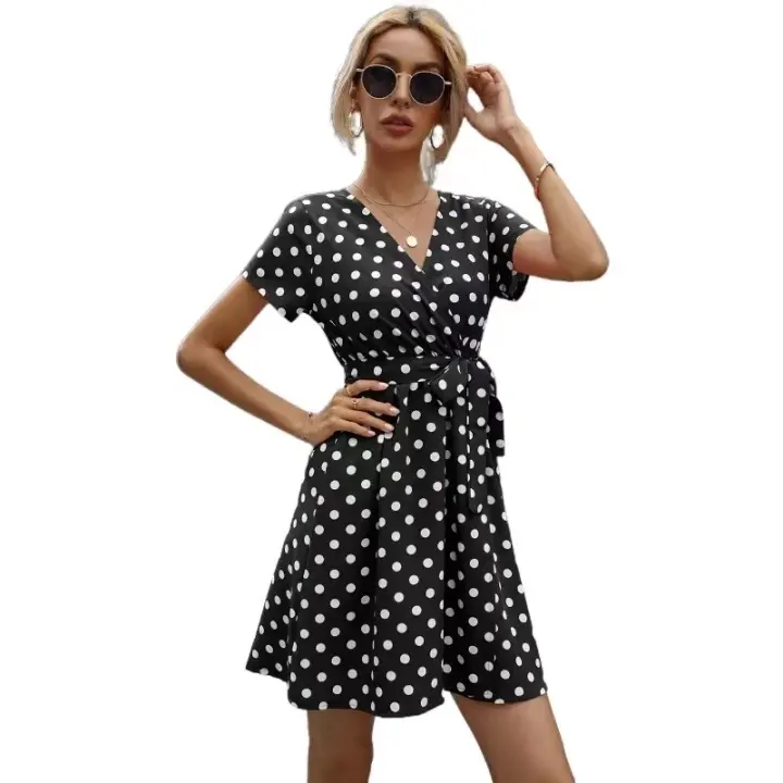 Vestido de verano de lunares para mujer, manga corta, escote en V, rojo S - 1